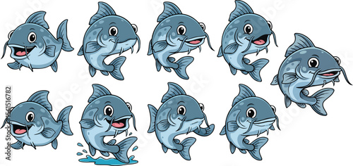 vector illustration of catfish fish lake funny cute cartoon mascot character cartoon with 9 poses