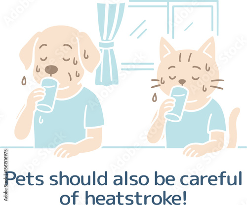 ペットも熱中症注意！のイラスト（主線なし）
Illustration of heatstroke for pets too (no main lines)