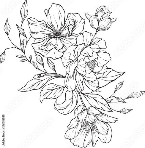 Detailed black and white floral lineart featuring delicate blossoms and flowing leaves perfect for botanical themes, minimalist designs, or nature inspired compositions