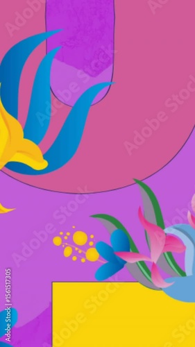 Animation of minus 20 percent in pink on floral pattern over purple background