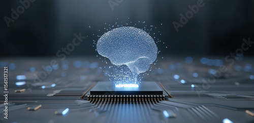 A glowing brain - shaped pattern emerges on the chip, dotted with blue light spots around. It’s full of a sense of technology and intelligent atmosphere, so cool!
