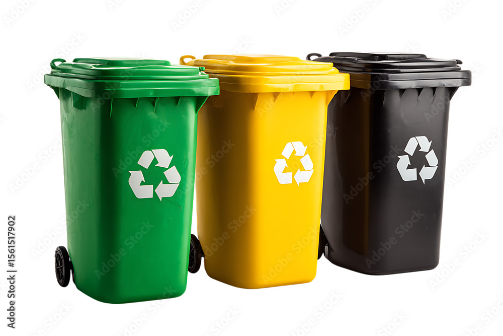 Three colored recycling bins green yellow and black isolated on transparent background Three colored recycling bins green yellow and black isolated on transparent background