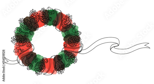 One line doodle vector illustration of Christmas wreath with pinecones and ribbon, watercolor fill for holiday decor, logo and greeting card

