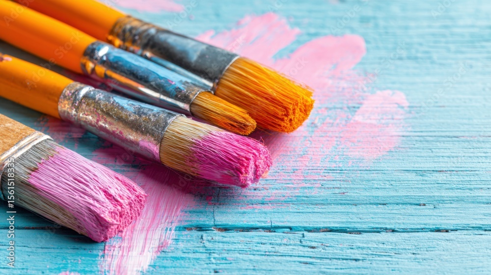 Obraz premium Colorful Paint Brushes with Pink and Glitter Paint on Light Blue Wooden Surface.