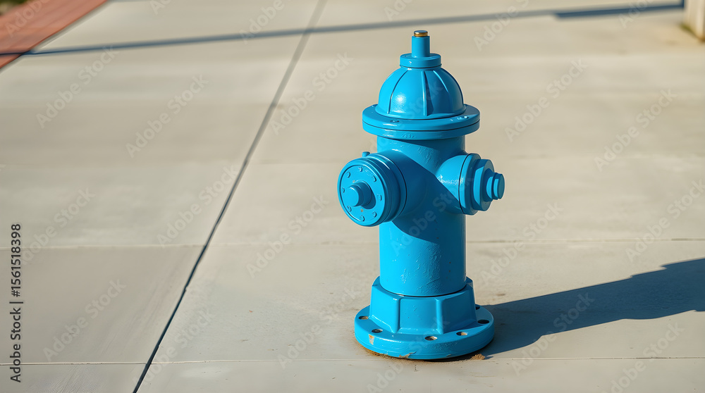 Fototapeta premium Bright blue fire hydrant standing on concrete sidewalk