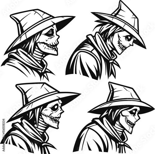 Here's a concise description combining your elements:

Black and white tribal vector illustration of a wild wolf, pirate skull, and cartoon lion head art design