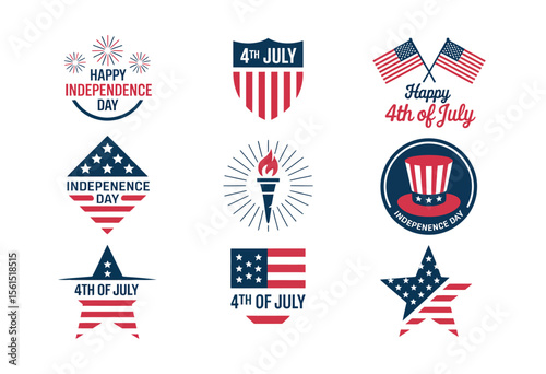 Patriotic 4th of july element collection including american flags, fireworks, badges, and liberty symbols for usa independence celebration