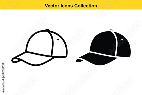 Two baseball caps one in outline and one solid black vector icons