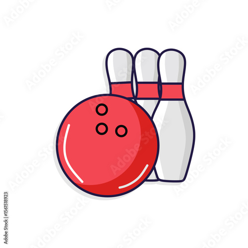 Red bowling ball with three white pins. Simple vector icon representing bowling sport, recreation, and fun. Isolated on white background.