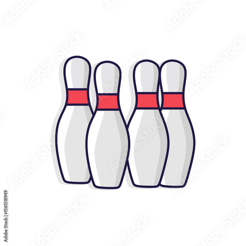 Set of four white bowling pins with red stripes. Simple vector icon representing sports, recreation, and competition. Isolated on white background.