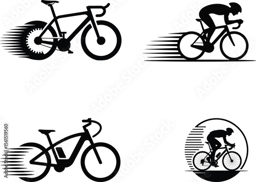 Four Bicycle Designs in Black Silhouette Style on White Background silhouette
