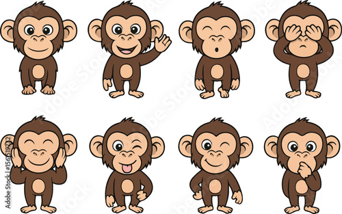 vector illustration of chimpanzee monkey orangutans primal funny cute cartoon mascot character cartoon with 8 poses 