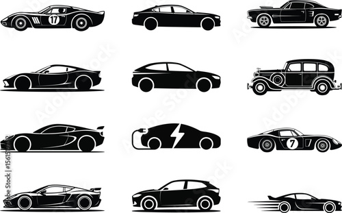 Collection of Different Car Models in Black Silhouette Style silhouette