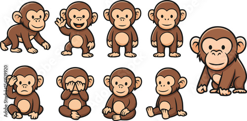 vector illustration of chimpanzee monkey orangutans primal funny cute cartoon mascot character cartoon with 9 poses 