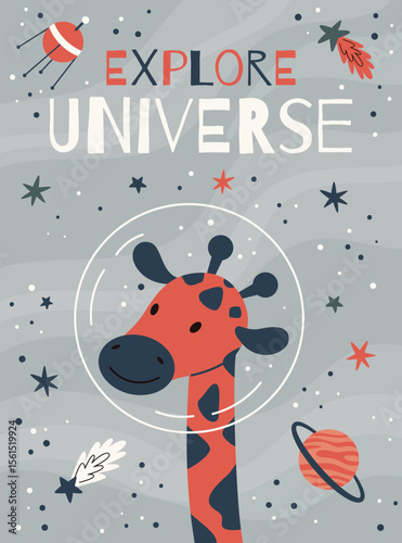 Kids space poster with cute animal astronauts. Playful cosmic adventure for kids' rooms and educational decor. Bright cartoon style with planets, rockets and friendly creatures.Vector illustration