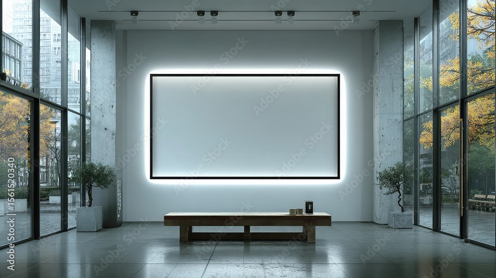 Fototapeta premium Modern minimalist gallery space with illuminated artwork and city view