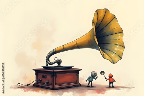 pastel Modern sketchy style image of gramophone with freak illustration