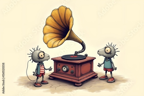 pastel Modern sketchy style image of gramophone with freaks illustration