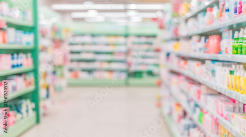 Wallpaper Mural Interior view of blurred pharmacy drugstore shelves filled with healthcare products Torontodigital.ca
