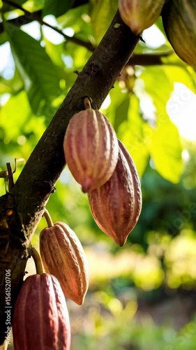 Immature cacao pods hang from a tree branch, their textured surfaces exhibiting subtle variations in pink, green, and brown hues amidst lush foliage.