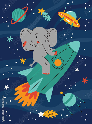Kids space poster with cute animal astronauts. Playful cosmic adventure for kids' rooms and educational decor. Bright cartoon style with planets, rockets and friendly creatures.Vector illustration