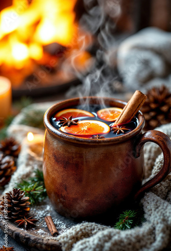 Mulled wine served in rustic ceramic mug