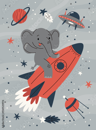 Kids space poster with cute animal astronauts. Playful cosmic adventure for kids' rooms and educational decor. Bright cartoon style with planets, rockets and friendly creatures.Vector illustration