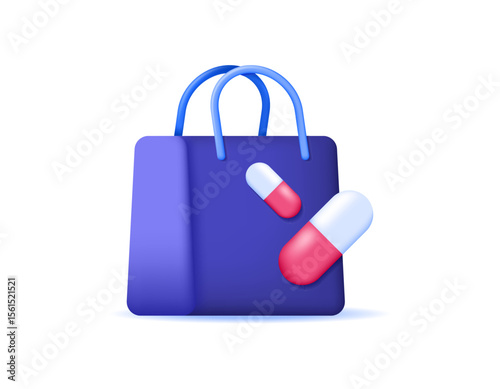 online pharmacy concept. buy or order medicine online. health services. illustration of shopping bag with capsule medicine. symbol or icon. minimalist 3d style design. asset elements