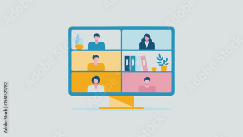 video conference call on a computer screen with six participants shown in windows