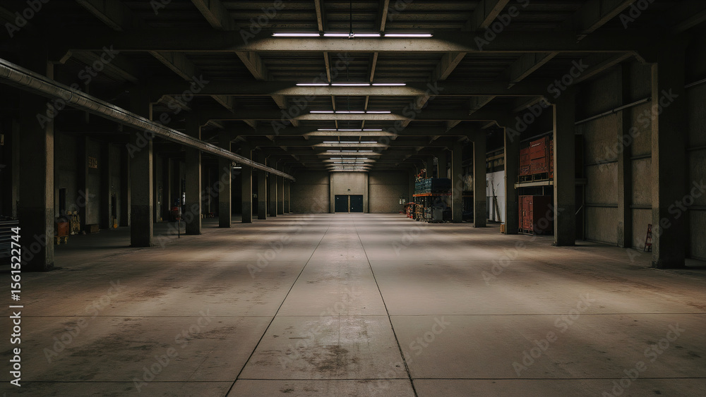 Fototapeta premium Spacious Industrial Warehouse Interior with High Ceilings