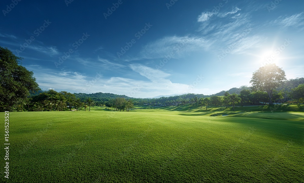 Beautiful green grass field landscape with a blue sky and sunlight, a golf course in the background. Beautiful green grass field landscape with a blue sky and sunlight, a golf course in the background.