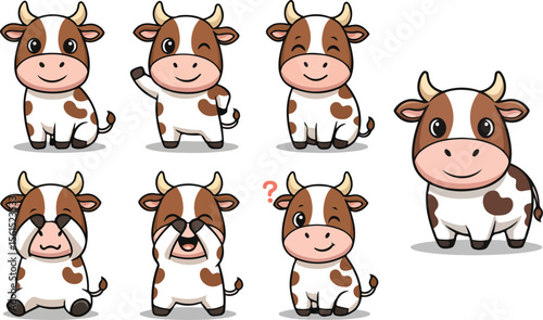 vector illustration of cow cattle neat buffalo bull funny cute cartoon mascot character cartoon with 7 poses 01
