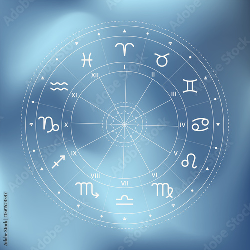 Zodiac wheel illustration. Magic map. Horoscop infographic. Vector illustration on blue mesh gradient