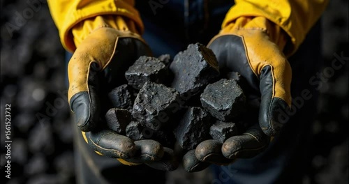 Coal miner Man wearing work gloves holding coal in hands over pile, top view. Coal mining or energy source, environment protection. Industrial coals. Volcanic rock. banner 4K