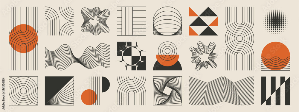 Abstract minimal element mid century vector set. Aesthetic contemporary stripe line art, vintage geometric shape,halftone in monochrome and orange. Atomic age Art form design for wall art, decoration.