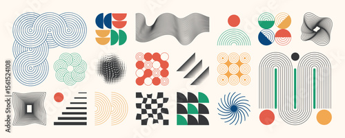 Abstract minimal element mid century vector set. Aesthetic contemporary stripe line art, vintage geometric shape, halftone in colorful. Atomic age Art form design for wall art, decoration, wallpaper.