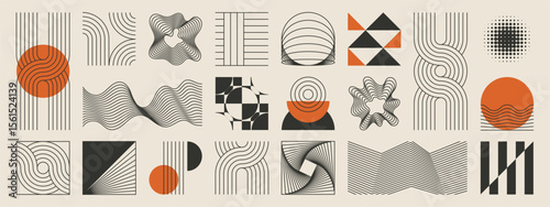 Abstract minimal element mid century vector set. Aesthetic contemporary stripe line art, vintage geometric shape,halftone in monochrome and orange. Atomic age Art form design for wall art, decoration.