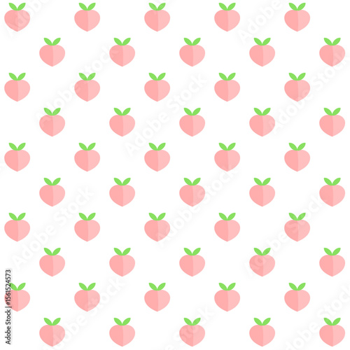 Seamless pattern with peach fruit with green leaf on white background..Summer.Surface for textile.Decoration ornament for fabric or cloth.Modern backdrop.Cute wrapping paper.Vector illustration.