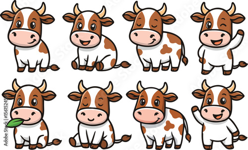 vector illustration of cow cattle neat buffalo bull funny cute cartoon mascot character cartoon with 8 poses