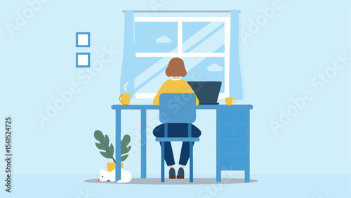 woman working at a desk with a laptop in front of a window in a blue themed room setting