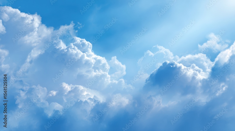 Naklejka premium Bright blue sky with fluffy white clouds and radiant sunlight shining through.