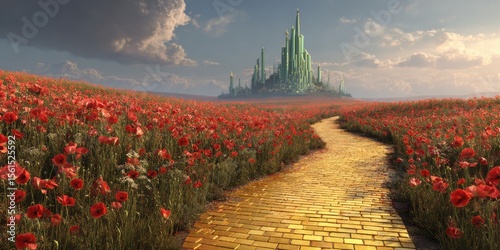 Fototapeta Naklejka Na Ścianę i Meble -  Stunning photo of yellow brick road leading through poppy field to green emerald city in the distance. Wizard of Oz concept.