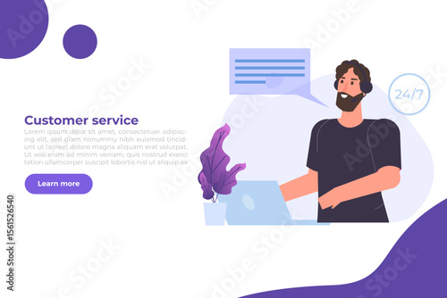 Call center template. Customer service, hotline concept. Office workers with headsets, telemarketing agents. Vector illustration