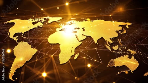 Golden digital world map with network lights
