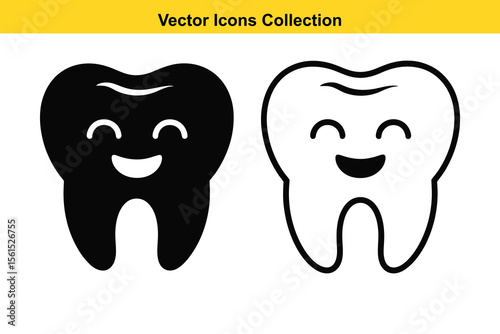 Two happy cartoon teeth icons one black and one white with outlines
