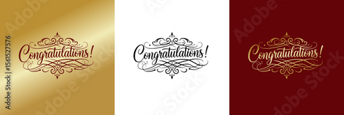 "Congratulations!" isolated vector image exquisite greeting card lettering, t-shirt print three versions - on gold, transparent and colored backgrounds
