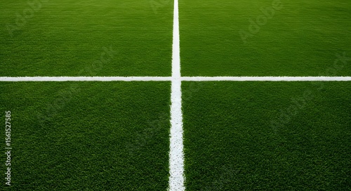 a green grass field with a thick white line running horizontally across the center. Thick horizontal white painted line is running across green grass turf in flat vector illustration, wallpaper