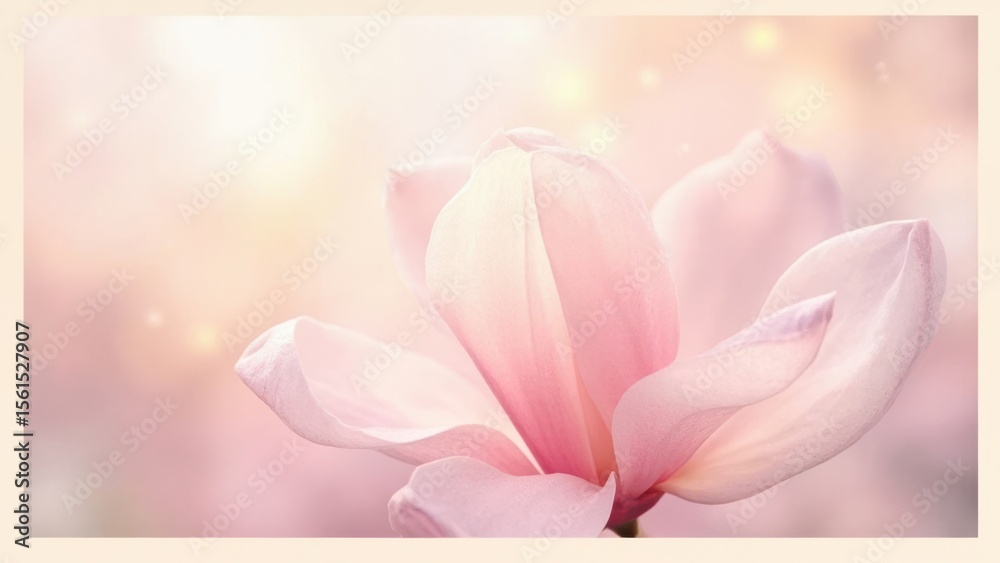 Fototapeta premium Pink Magnolia Dream. A soft and dreamy image showcasing a beautiful pink magnolia flower in full bloom. The petals are delicate and luminous, and the background is a gentle blend of pastel hues 