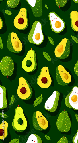Colorful illustration of avocados on dark green background  