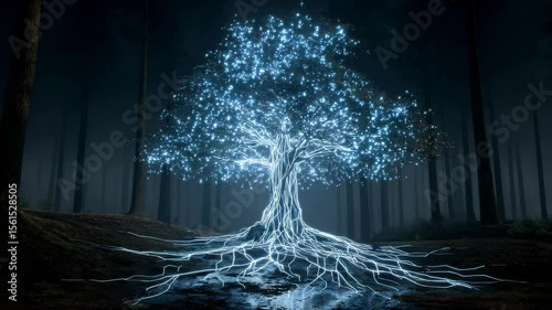 Futuristic glowing digital tree in dark forest
